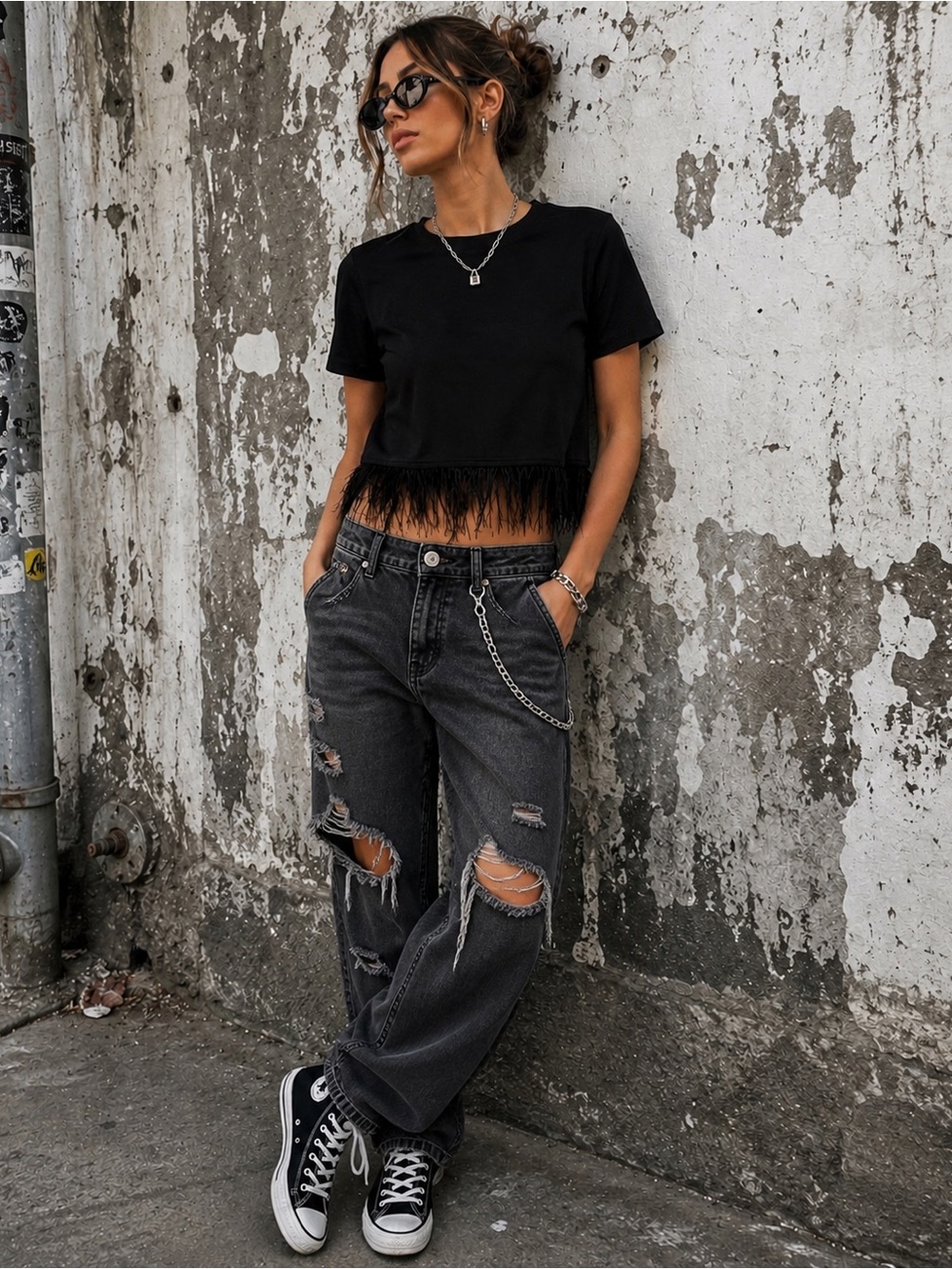 For Cynthia Black Feather Hem Crop Top